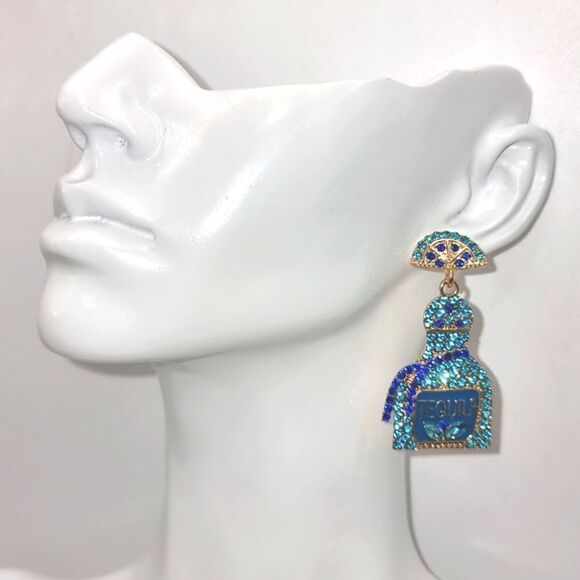 New TEQULIA BOTTLE TURQUOISE & COLBOLT BLUE rhinestone earrings - Picture 2 of 12
